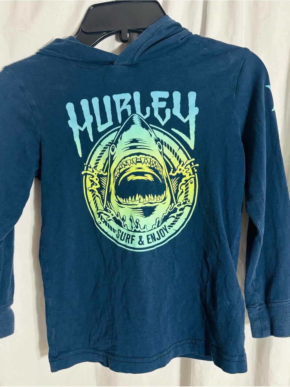 Hurley Navy Hooded Tee with Aqua & Lime Shark Graphic